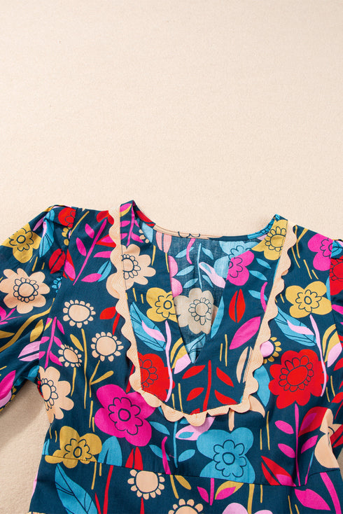 Retro Floral Printed Split Neck Maxi Dress